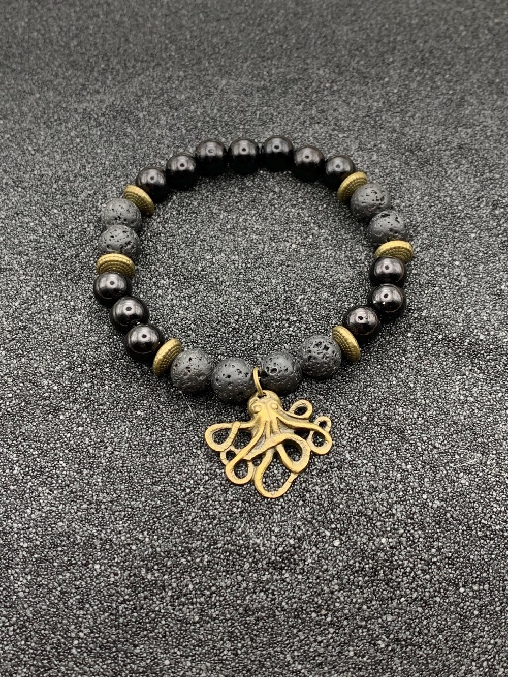 Black Kraken Charm Lava Bead Stretch Bracelet